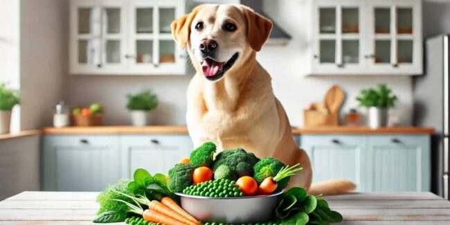 cani-vegetariani-1792×896 cane vegetariano seduto di fronte ad un piatto di verdure