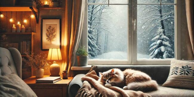 gatto che dorme al caldo sul divano in inverno
