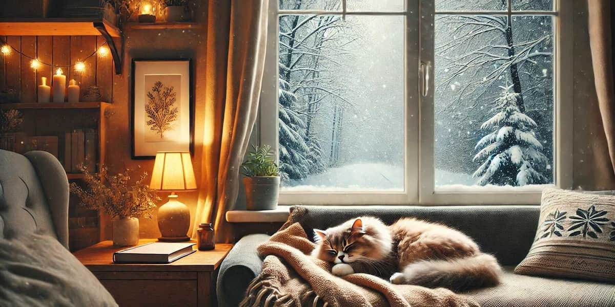 gatto che dorme al caldo sul divano in inverno
