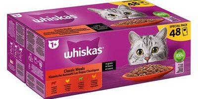 Whiskas buste selezione classica in salsa con pollo, anatra, pollame e tacchino.