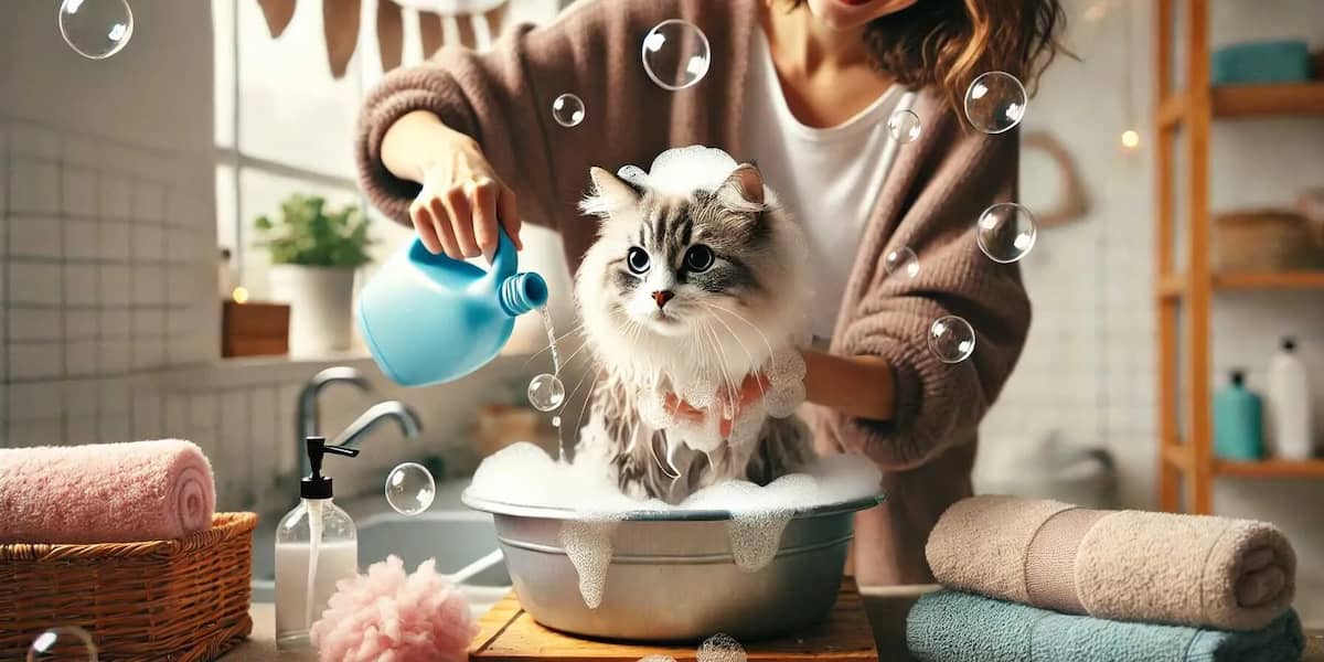 gatto che fa il bagno con una persona che lo lava