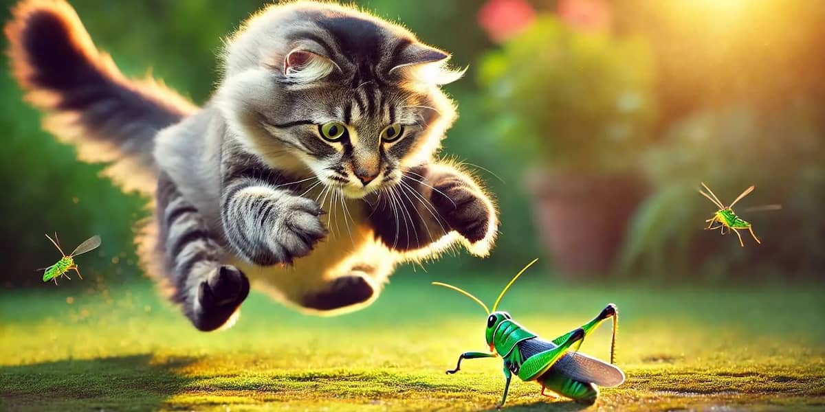 Cibo a base insetti per gatto che insegue una cavalletta