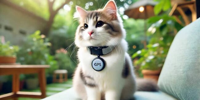 gatto-e-GPS-1792×896 gatto seduto in giardino con un collare e un localizzatore GPS al collo