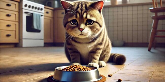 gatto inappetente che guarda triste la ciotola del cibo