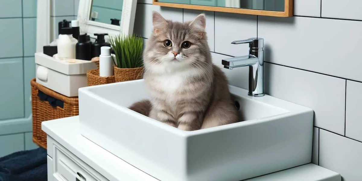 gatto seduto nel lavandino del bagno