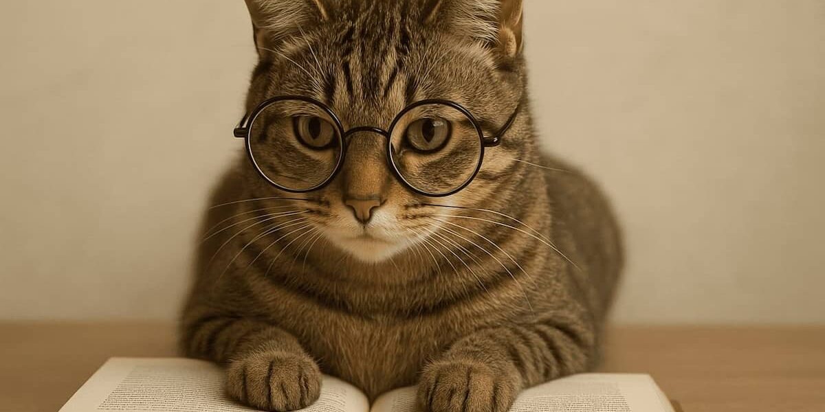gatto intelligente che legge libro