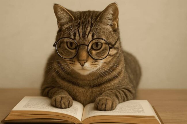 gatto intelligente che legge libro