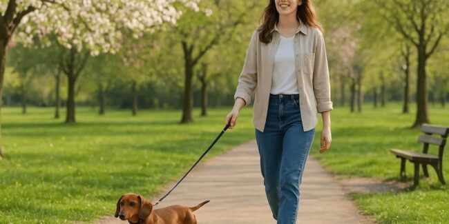 ragazza che passeggia con cane al guinzaglio