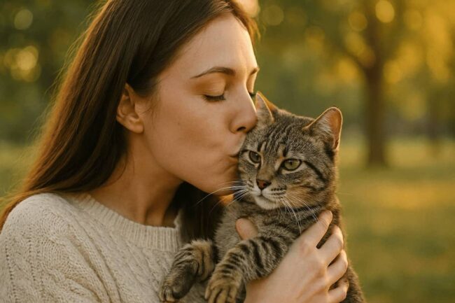 ragazza che bacia il proprio gatto