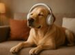 cane rilassato che ascolta musica sula divano