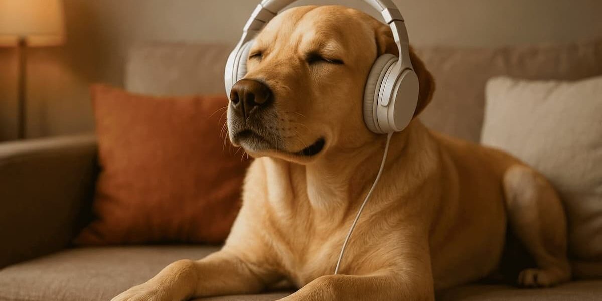 Che tipo di musica calma i cani cane rilassato che ascolta musica sula divano