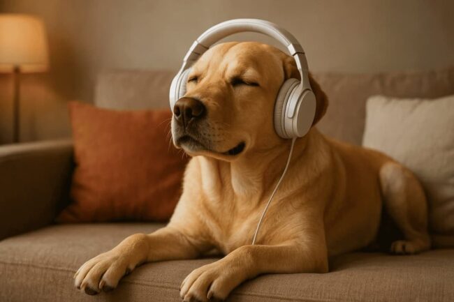 cane rilassato che ascolta musica sula divano