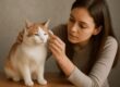 ragazza che pulisce le orecchie del suo gatto