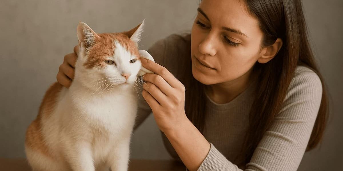 ragazza che pulisce le orecchie del suo gatto