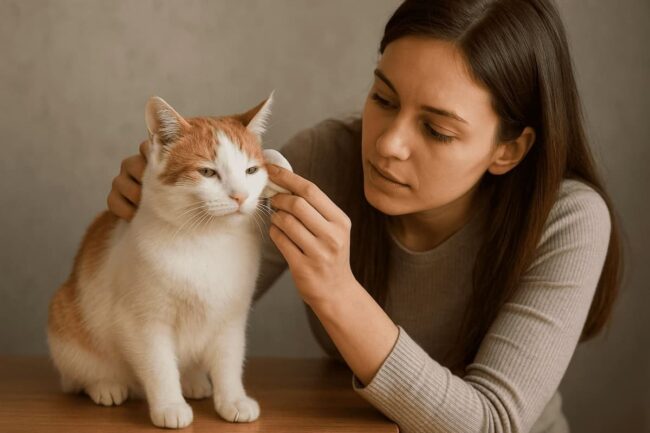 ragazza che pulisce le orecchie del suo gatto