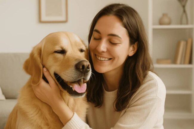 ragazza che accarezza felice il suo cane
