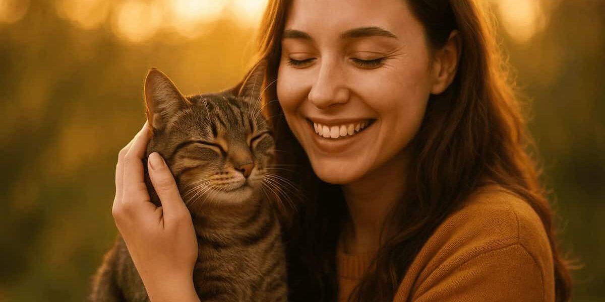 ragazza felice coccola un gatto