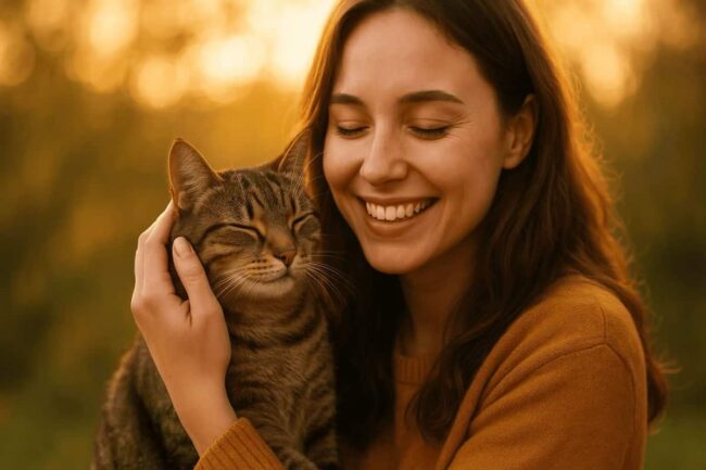 ragazza felice coccola un gatto