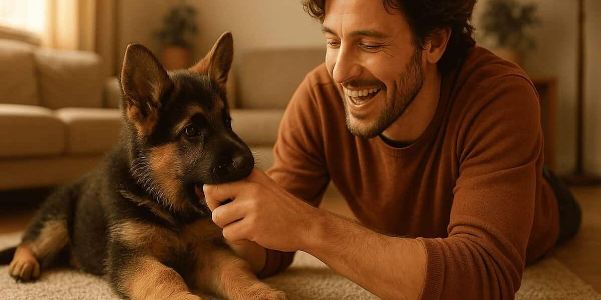 Insegnare a un cucciolo a non mordere cucciolo di pastore tedesco che morde la mano del proprietario