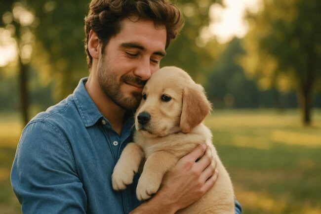proprietario che tiene in braccio un cucciolo