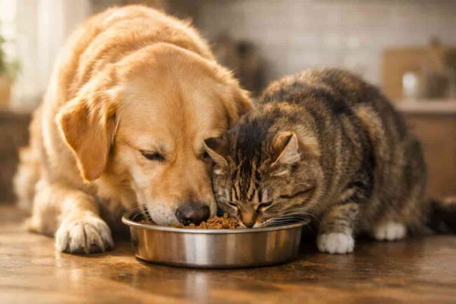 cane e gatto che mangiano insieme