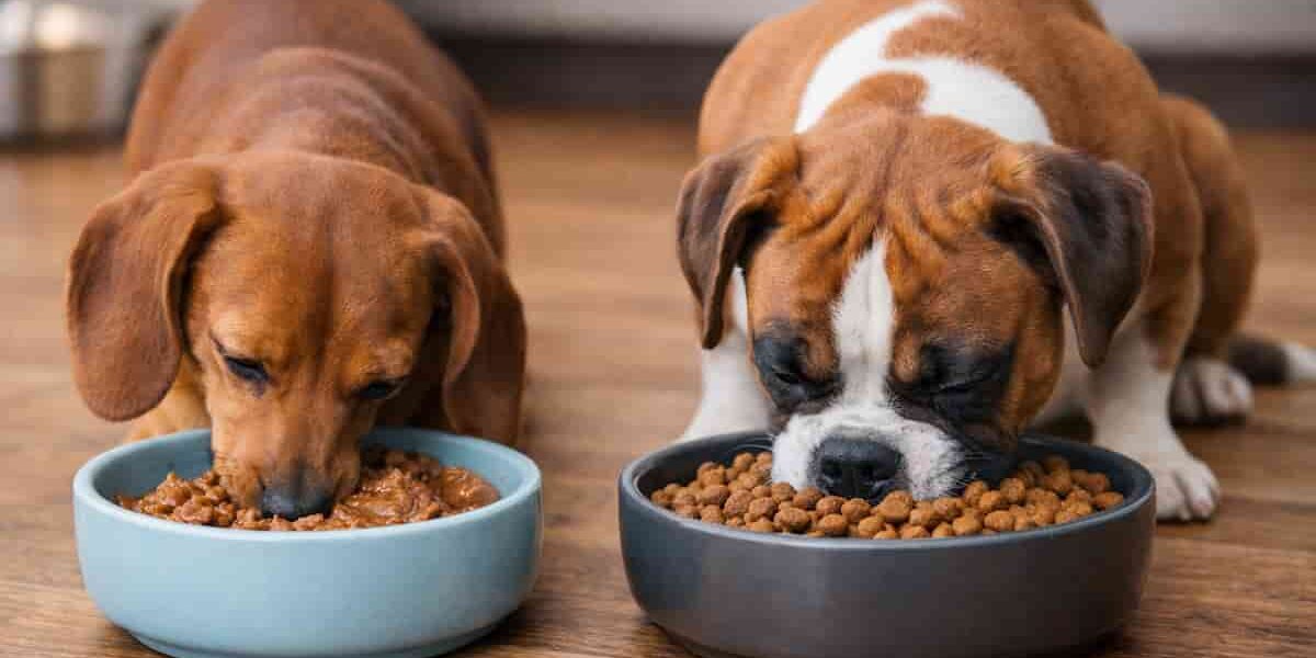 due cani che mangiano bassotto e boxer che mangiano