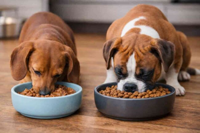 bassotto e boxer che mangiano