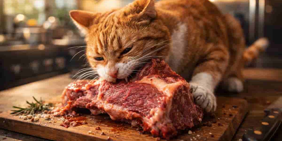 gatto che mangia carne