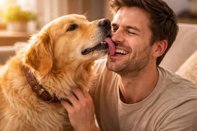 cane che lecca il viso del proprietario