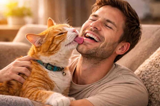 gatto che lecca viso proprietario